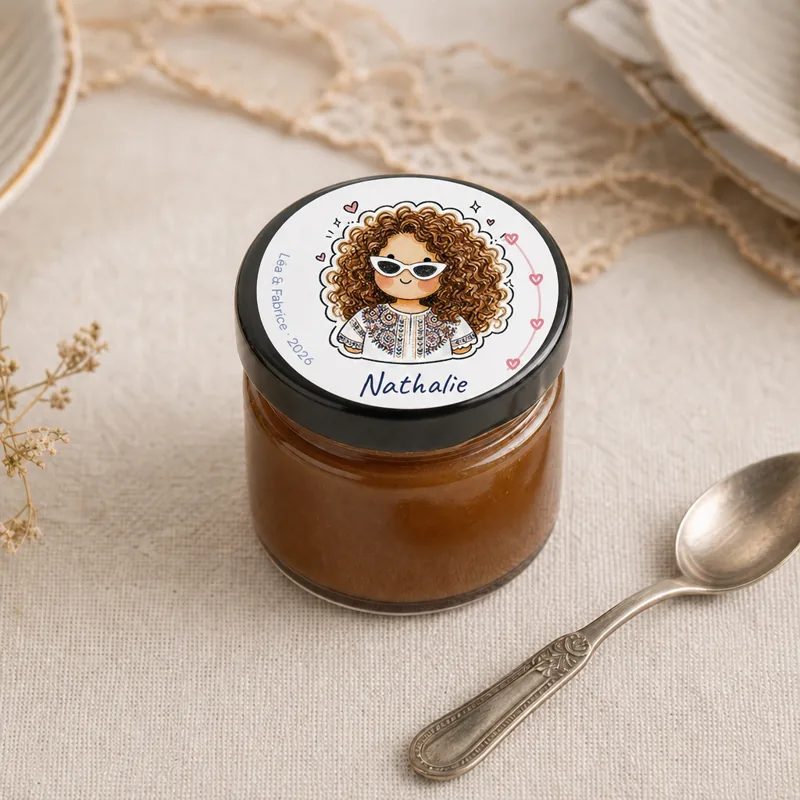 Pot de caramel au beurre salé personnalisé avec le portrait illustré de Nathalie, en lunettes de soleil
