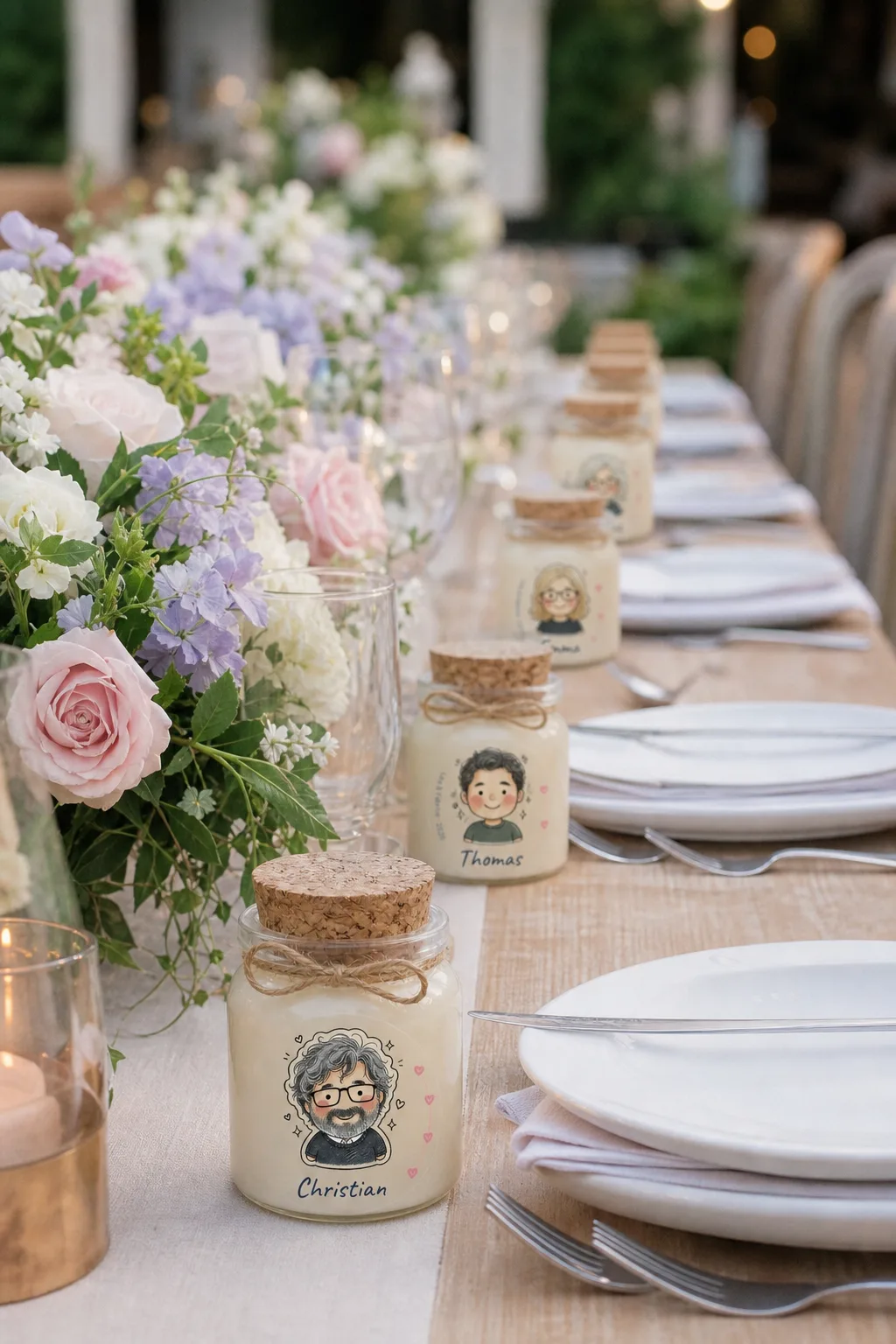 Table de mariage en plein jour : devant chaque assiette, une bougie au portrait illustré de l'invité, Christian au premier plan