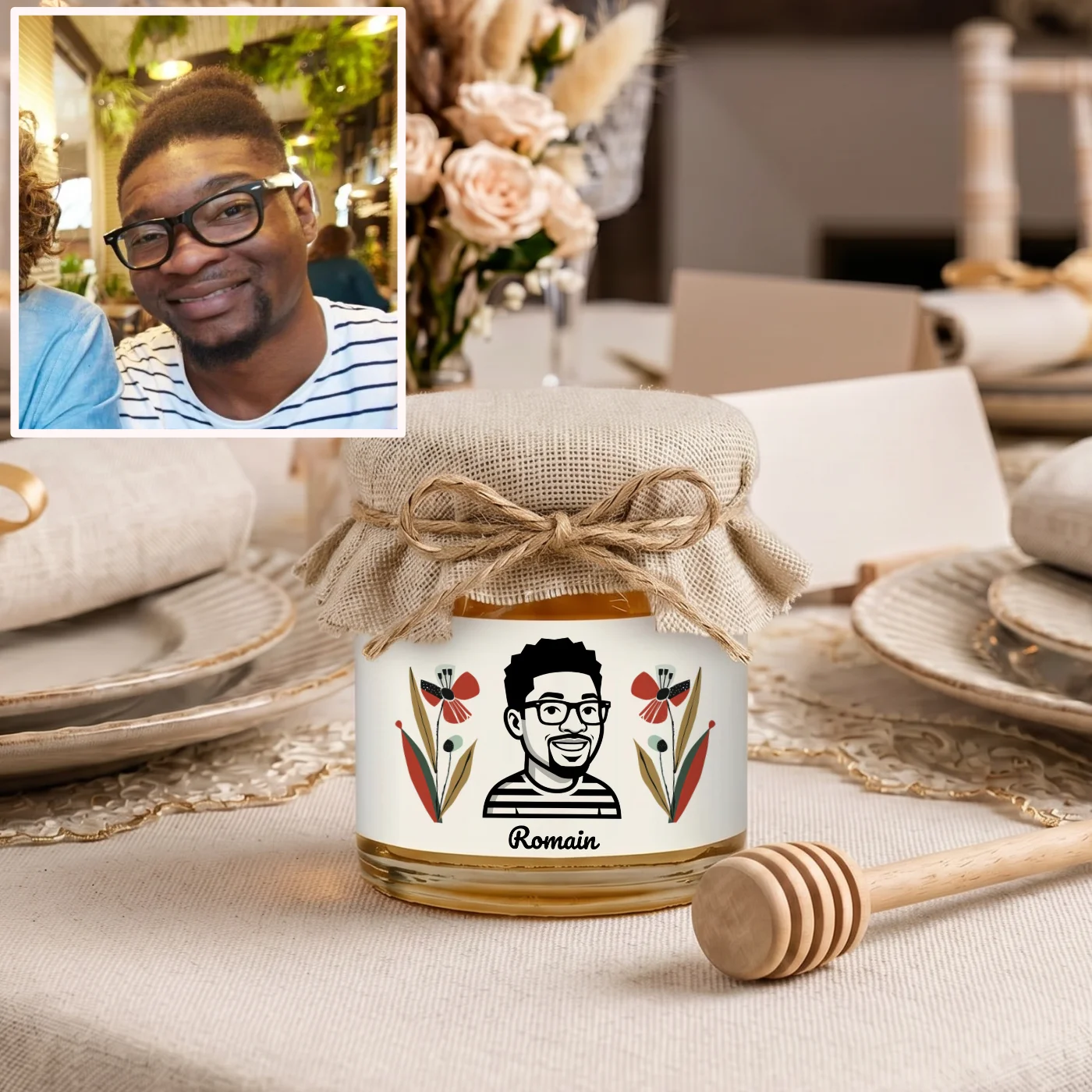 Petit pot de miel personnalisé avec étiquette portrait